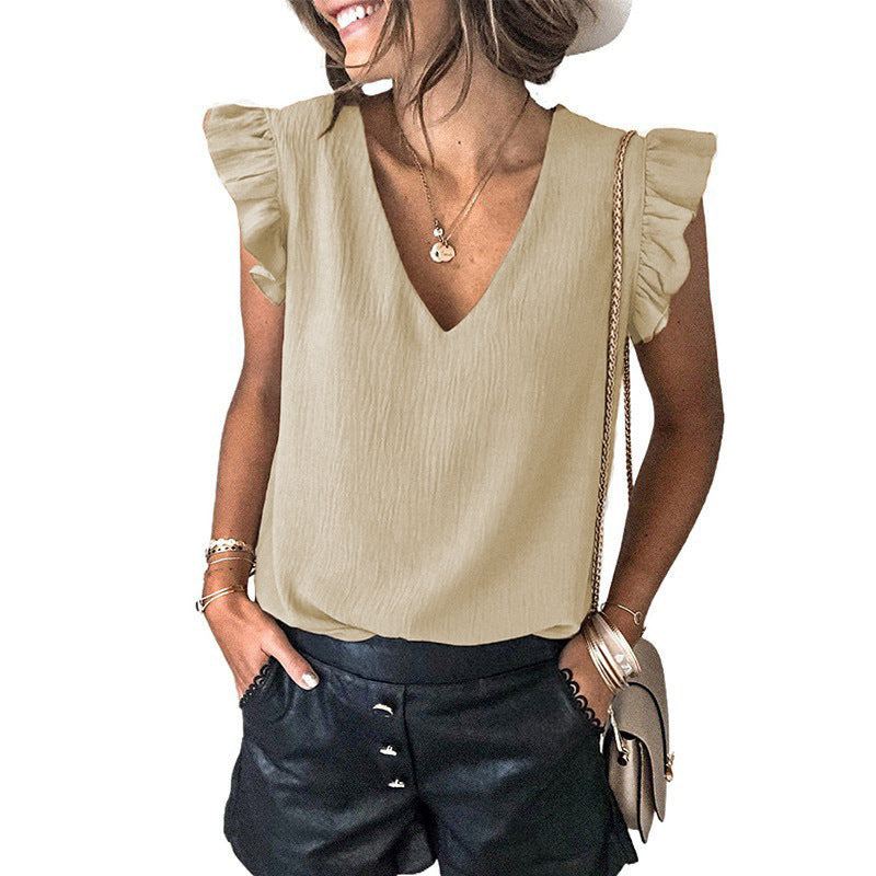Women's V-neck Pullover Ruffled Sleeve Top