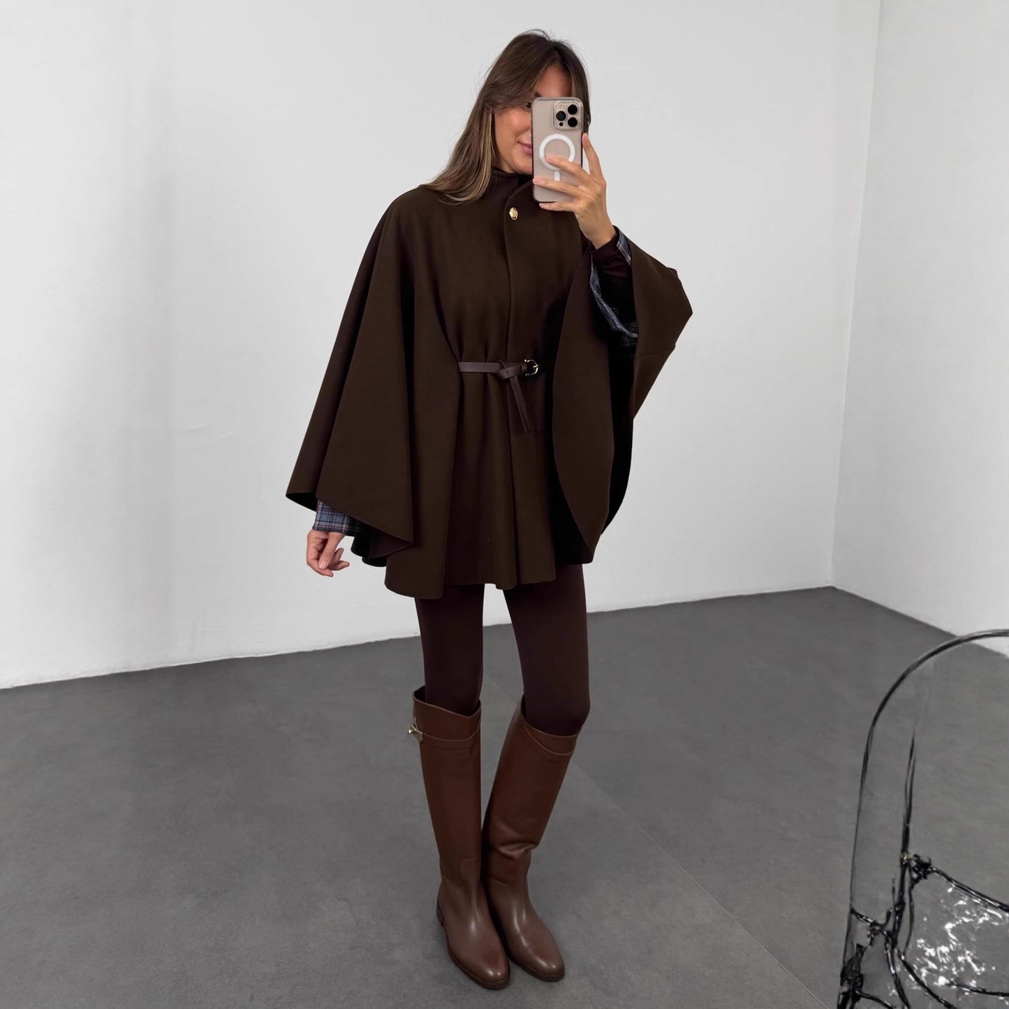 Winter Elegant Woolen Cape Coat – Solid Color, Waist-Tight, Mid-Length