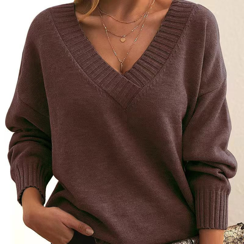 Solid V-neck Loose Knit Sweater – Fashionable Long Sleeve Autumn & Winter Top