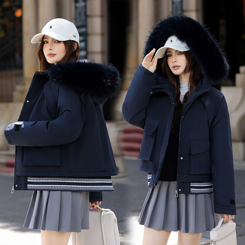 Women's Russian-Style Thick Cotton Coat – Big Fur Collar & Decorative Stitching