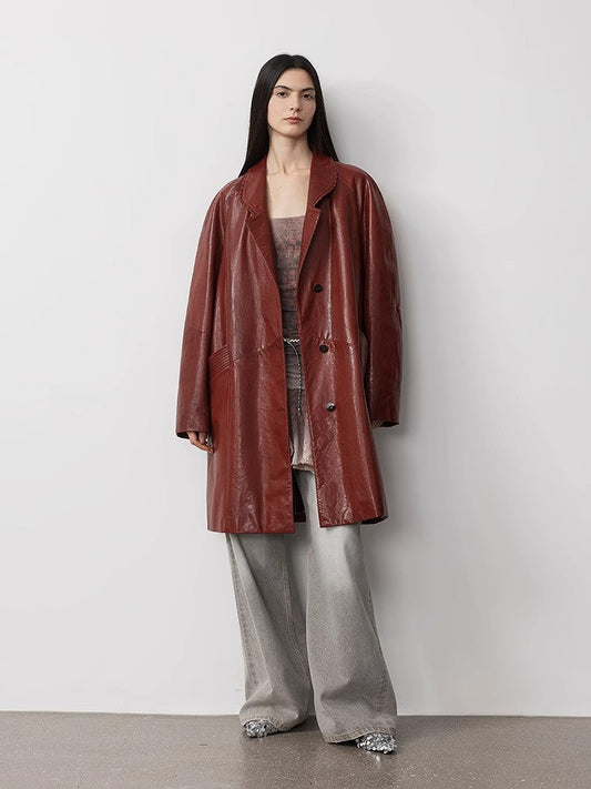 Sonorous Rose Vintage Imported Oil Waxed Goatskin Long Trench Coat