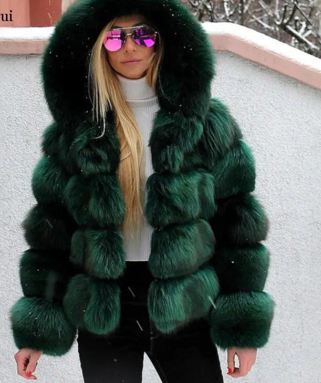 Women’s Minimalist Hooded Patchwork Fur Grass Jacket