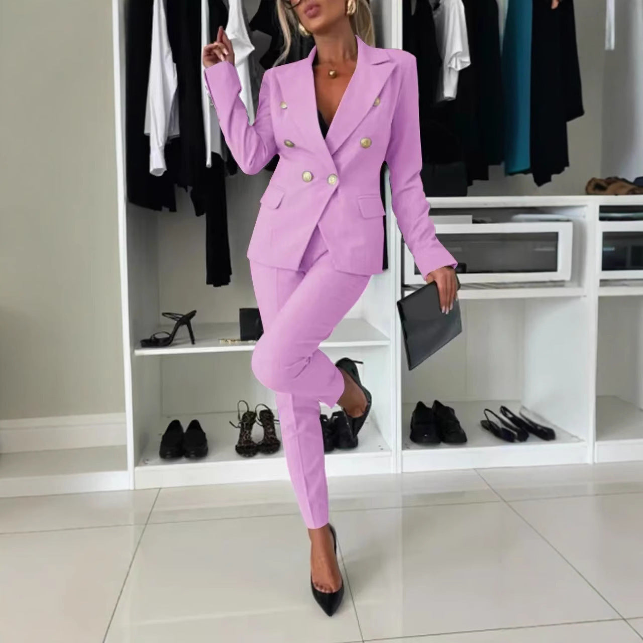 Women’s Casual Suit Set – Lapel Button-Down Jacket & Slim-Fit Trousers