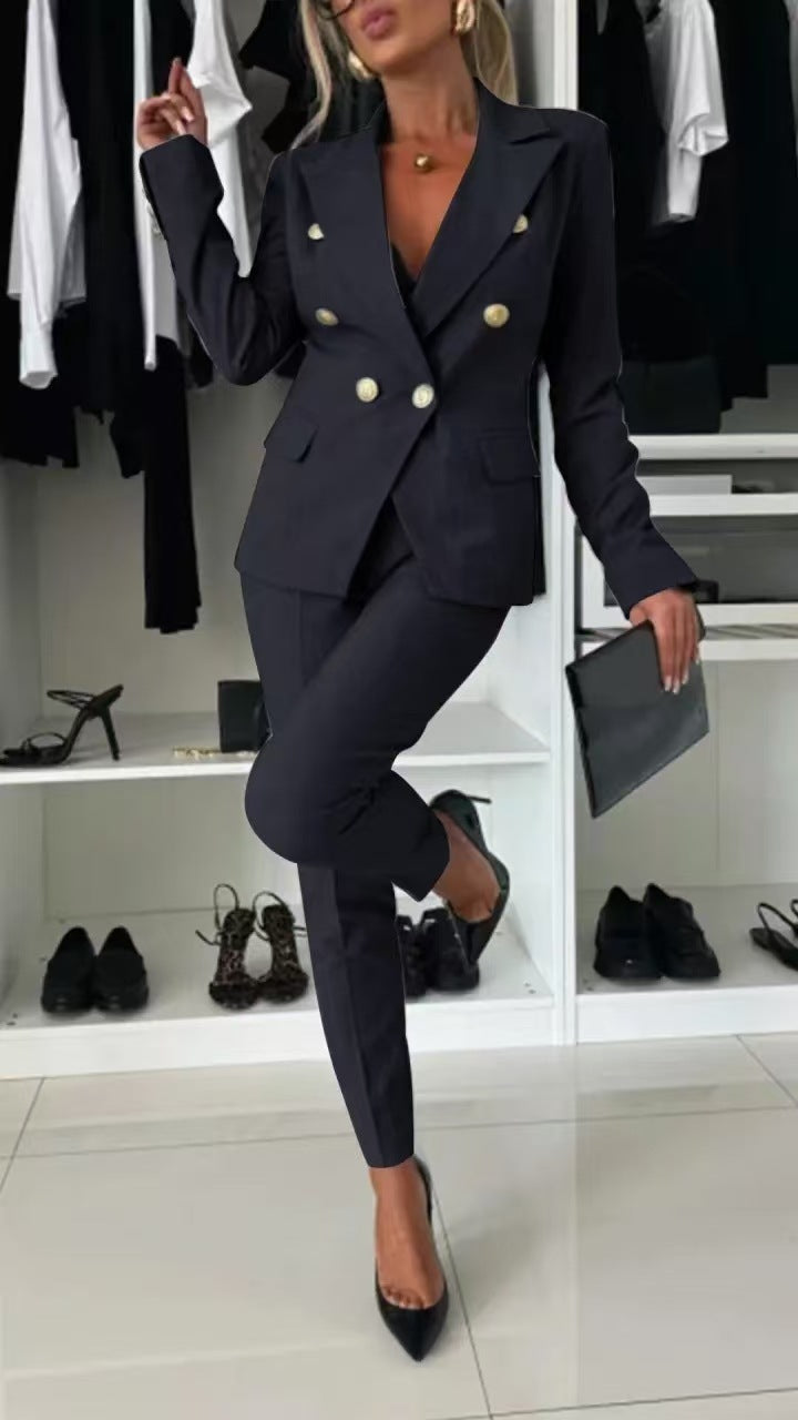 Women’s Casual Suit Set – Lapel Button-Down Jacket & Slim-Fit Trousers