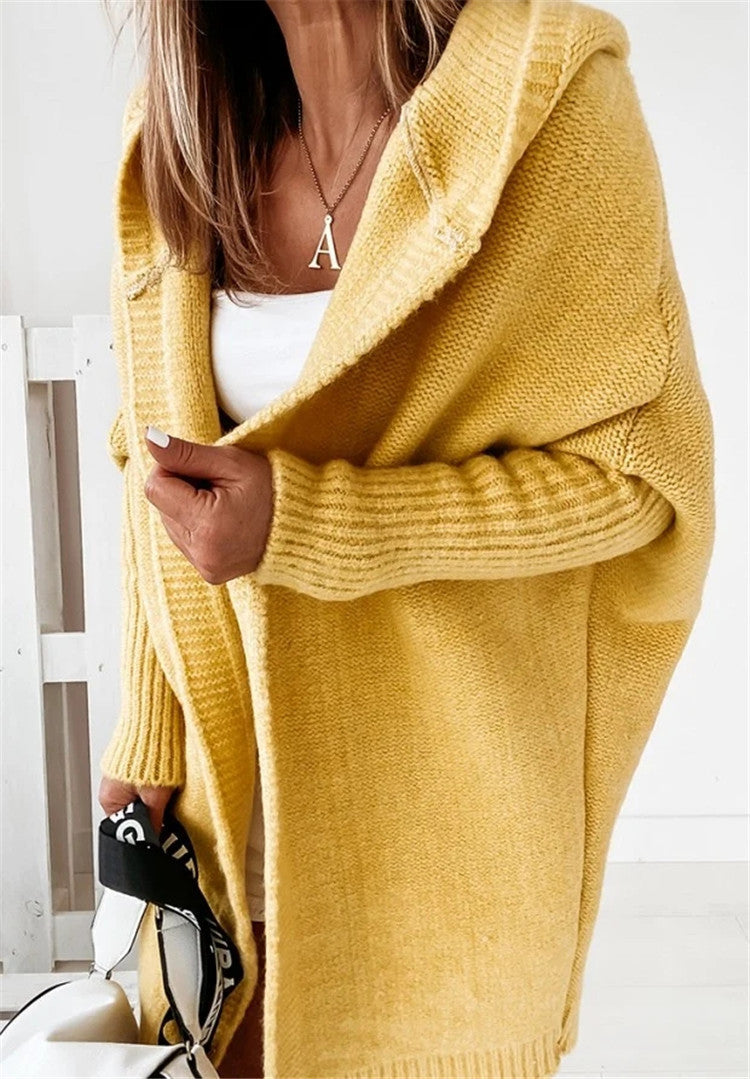 Fashion Bat Sleeve Hooded Cardigan Oversized Loose Solid Color Sweater for Women