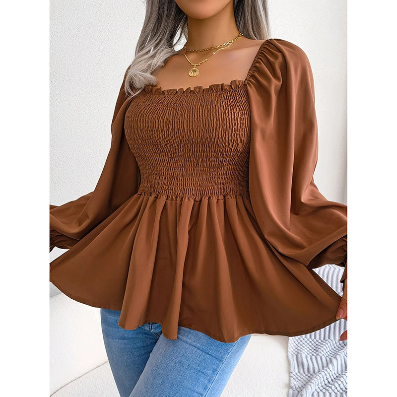 Women's Square Neck Smocked Peplum Blouse – Ruffle Trim, Long Sleeve