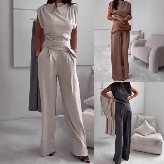 Women's Sleeveless Suit – Slim Irregular Split Top & Straight Pants Trouser Set