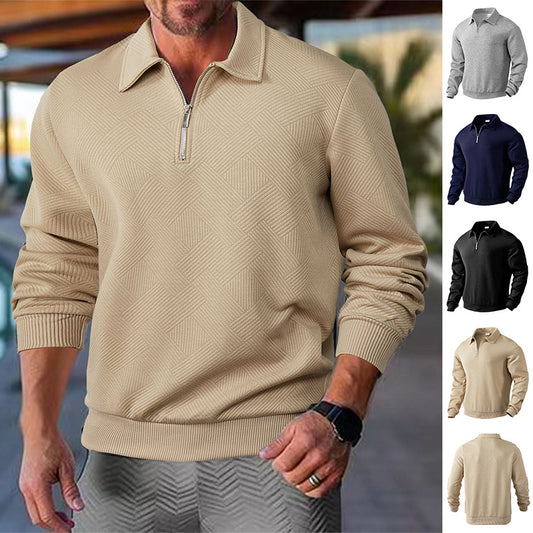Men’s Lapel Jacquard Half-Zipper Sweatshirt – Solid Color, Long Sleeve Fashion Top