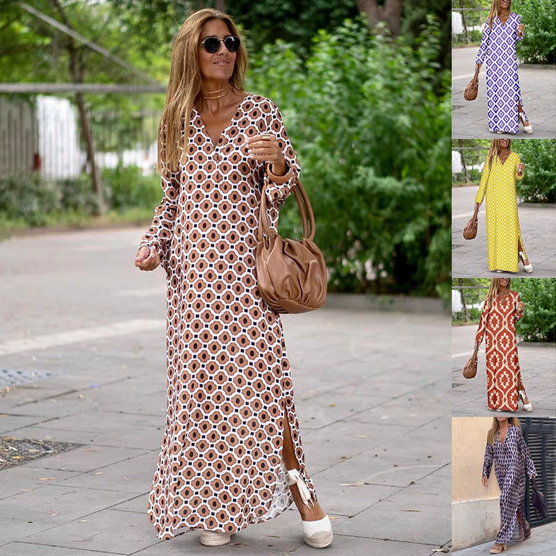 Summer Geometric V-Neck Long Sleeve Slit Dress for Women