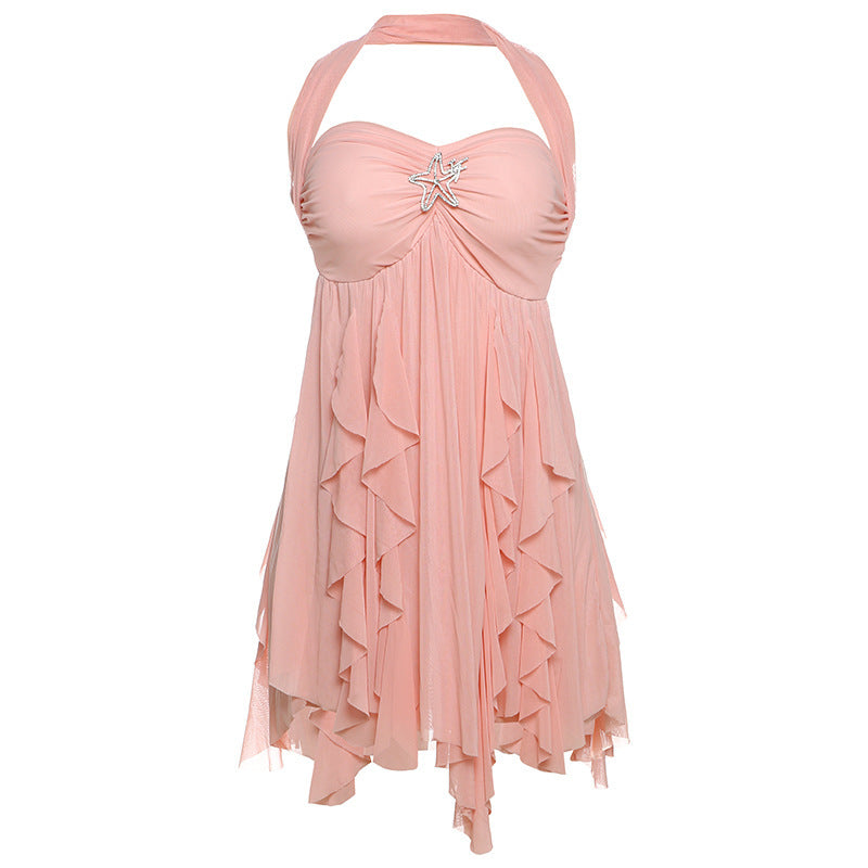 Halter Neck Backless Printed Mesh Mini Dress – Summer Club & Evening Style