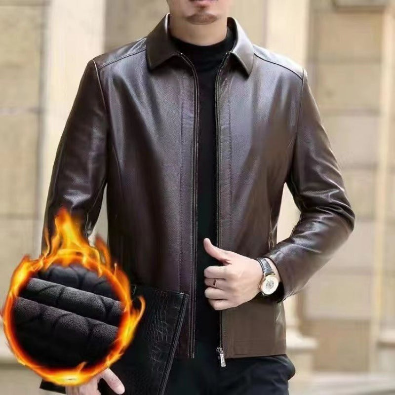 Men's Fleece-Lined Leather Jacket with Stand Collar