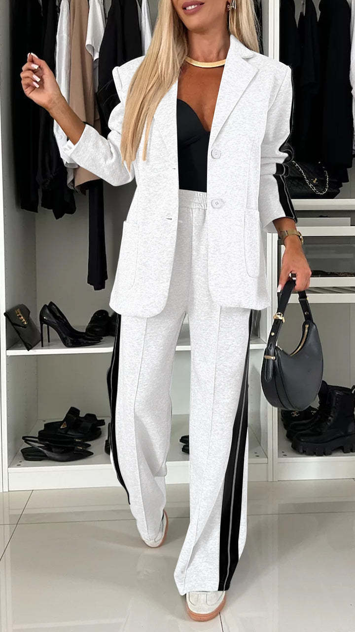 Women’s Casual Lapel Suit – Single-Breasted Jacket & Striped Straight Pants, Fashion Sports Trousers Set