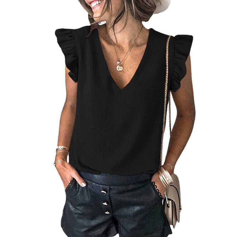 Women's V-neck Pullover Ruffled Sleeve Top