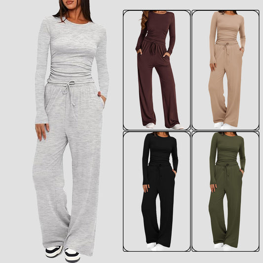 2-Piece Women's Autumn/Winter Suit – Long Sleeve Top & High-Waisted Wide-Leg Pants, Solid Color Casual Sportswear