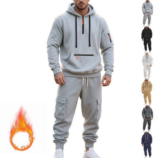 Men’s Loose Fit Fleece-Lined Sports Hoodie & Zipper Pullover Set – Multi-Pocket Casual Two-Piece