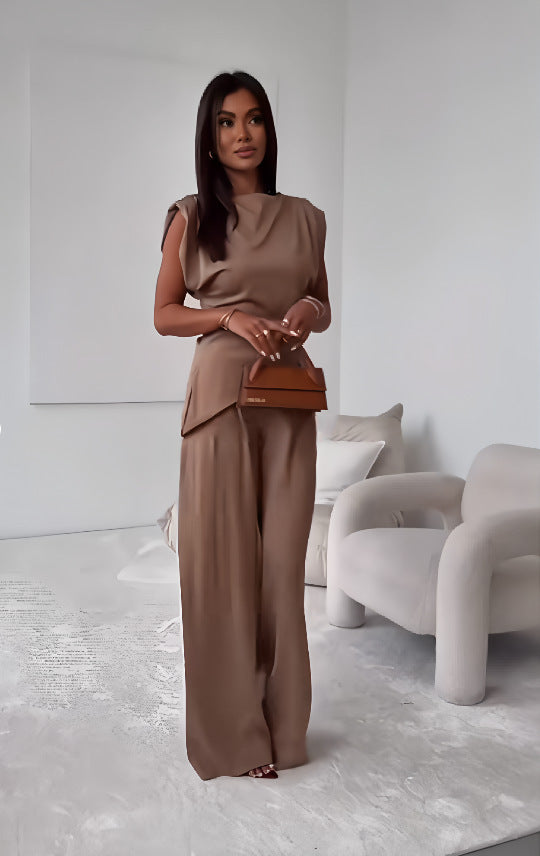 Women's Sleeveless Suit – Slim Irregular Split Top & Straight Pants Trouser Set