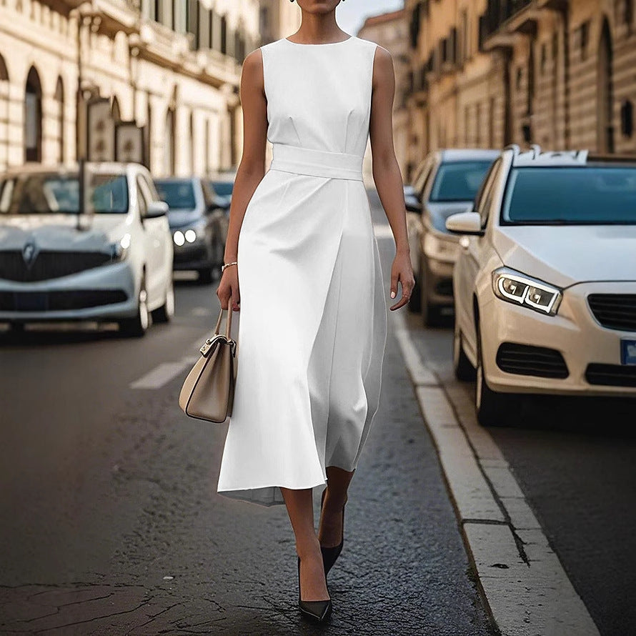 Women's Summer Sleeveless Slim Dress with Belt – Irregular Hem & Back Zipper