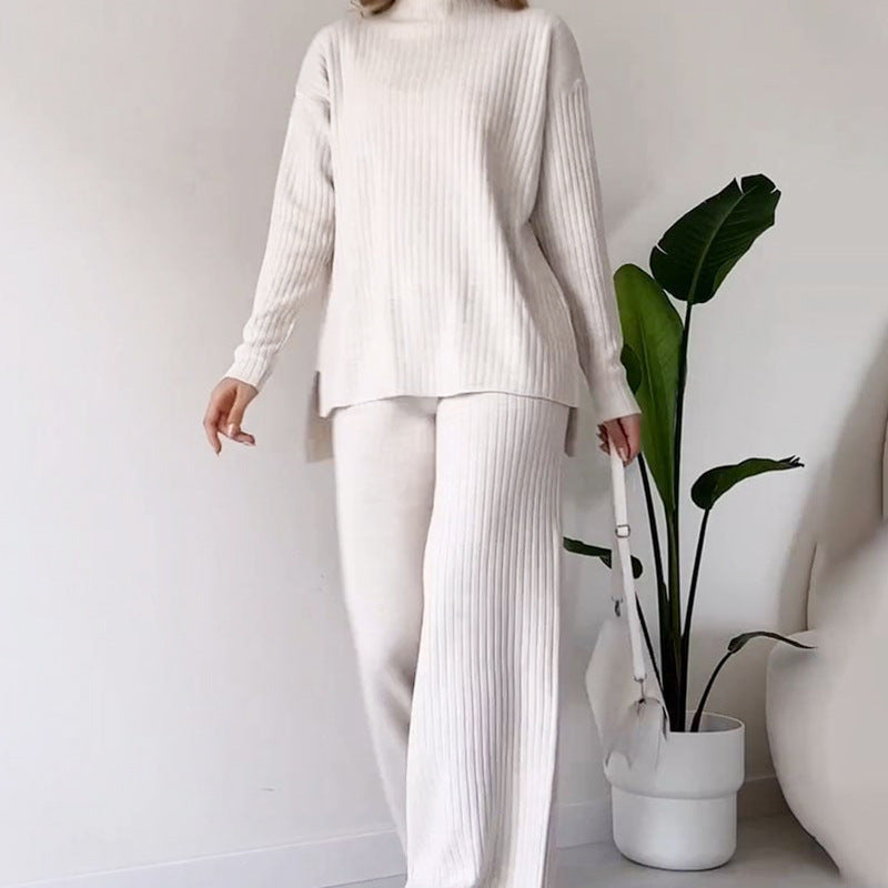 Women’s Turtleneck Knitted Suit – Loose Split Long-Sleeve Top & Straight Trousers, Casual Fashion Solid Set