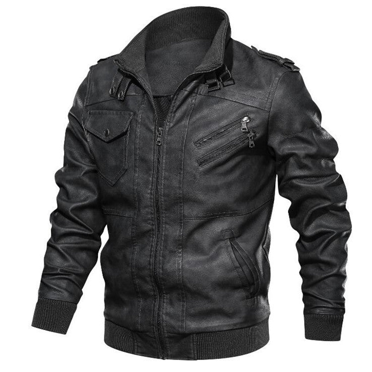 Men’s PU Leather Jacket – Hoodless, Plain Design