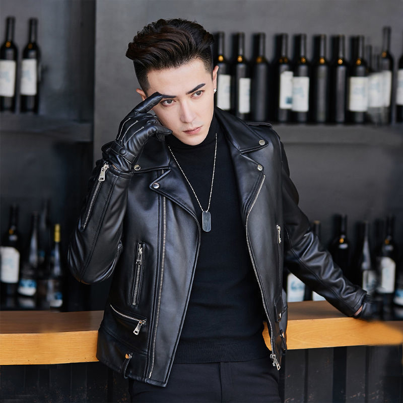 Men’s Leather Motorcycle Jacket – Korean Style Sheepskin Look