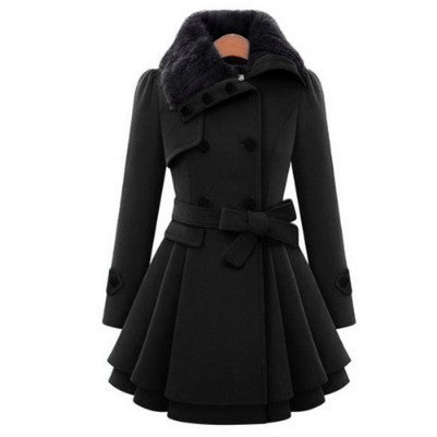 Women’s Slim Mid-Length Woolen Coat With Belt – Double-Breasted Padded Windbreaker