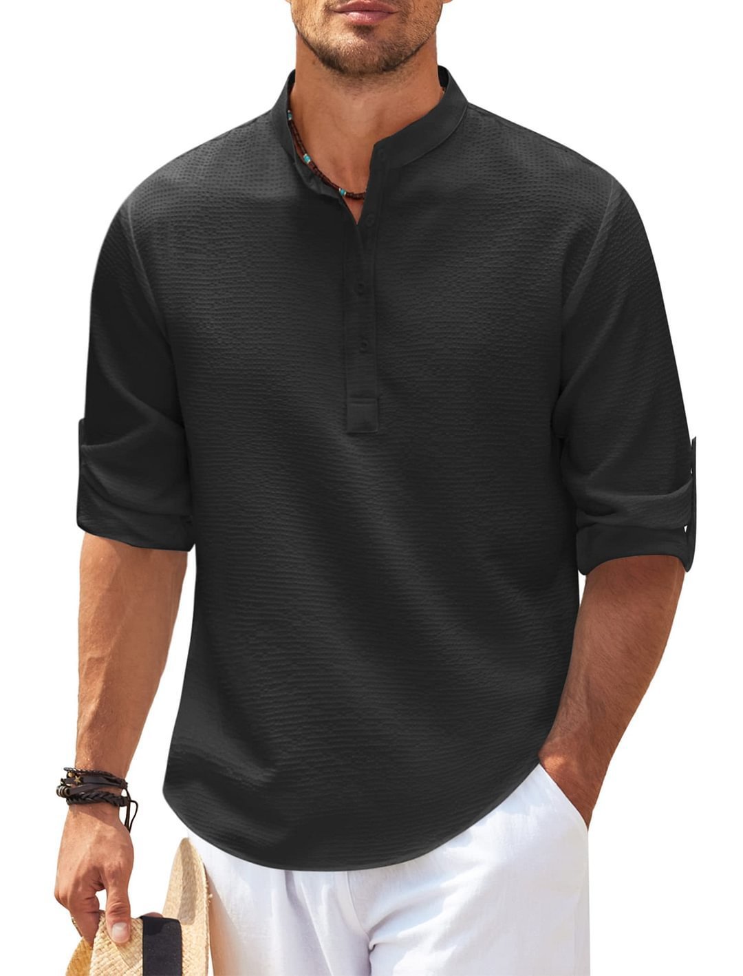 Men’s Casual Long Sleeve Stand Collar Shirt