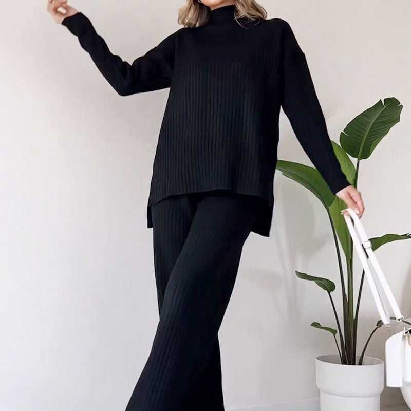Women’s Turtleneck Knitted Suit – Loose Split Long-Sleeve Top & Straight Trousers, Casual Fashion Solid Set