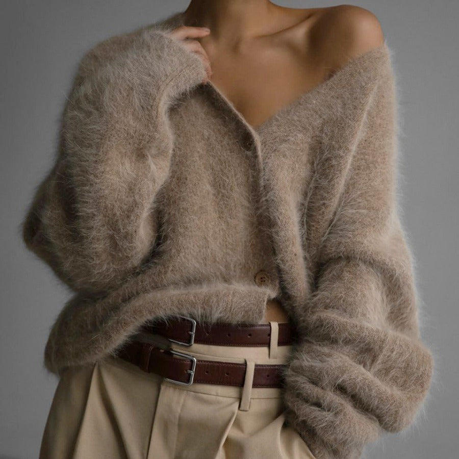 Loose V-Neck Single-Breasted Button Cardigan – Fall Winter Knitted Sweater Top for Women