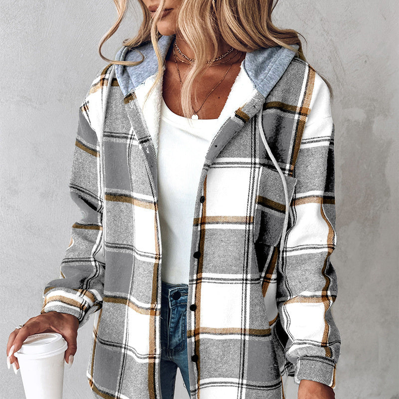 Plaid Hooded Jacket – Fashion Casual Button Pocket Coat for Autumn & Winter