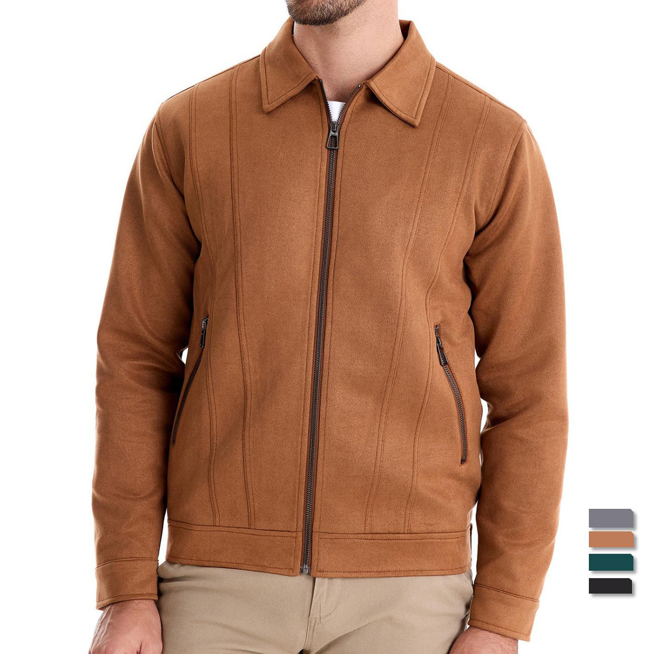 Men’s Fashion Lapel Zipper Jacket – Autumn & Winter Solid Suede Coat