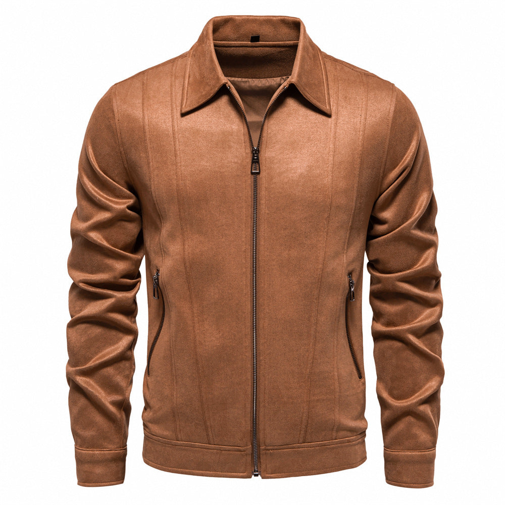 Men’s Fashion Lapel Zipper Jacket – Autumn & Winter Solid Suede Coat