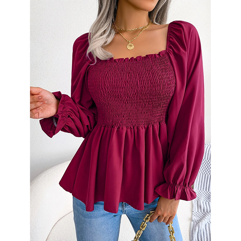 Women's Square Neck Smocked Peplum Blouse – Ruffle Trim, Long Sleeve
