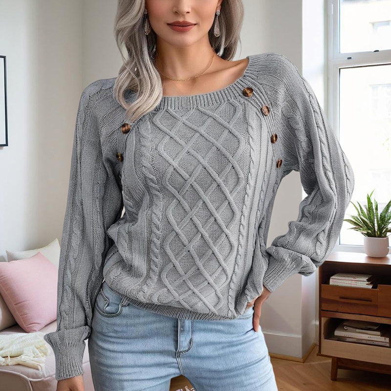 Cozy Ribbed Knit Sweater with Square Neck & Button Details – Women’s Fall/Winter Top