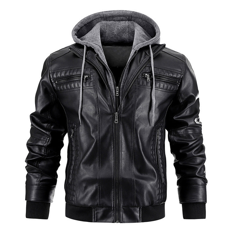 Men’s Hooded PU Leather Jacket with Zipper Pockets – Fashionable & Warm Coat