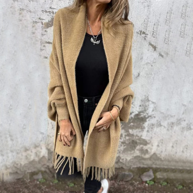 Women’s Knitted Batwing Sleeve Cardigan – Loose Tassel Shawl Outwear