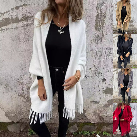 Women’s Knitted Batwing Sleeve Cardigan – Loose Tassel Shawl Outwear