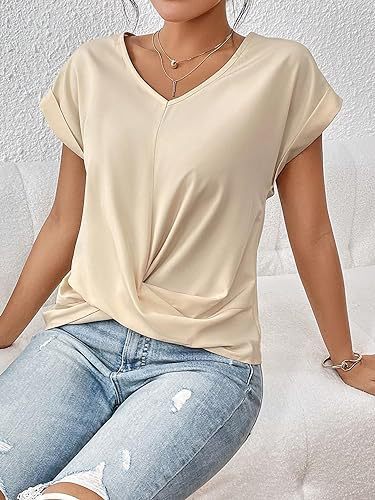 Women’s Irregular Knot V-Neck T-Shirt – Casual Short Sleeve Top