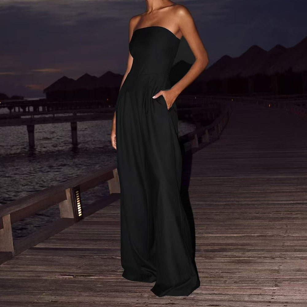 Women’s Loose Tube-Top Jumpsuit – Backless, Wide-Leg Long Pants Overalls, Fashion Summer Outfit