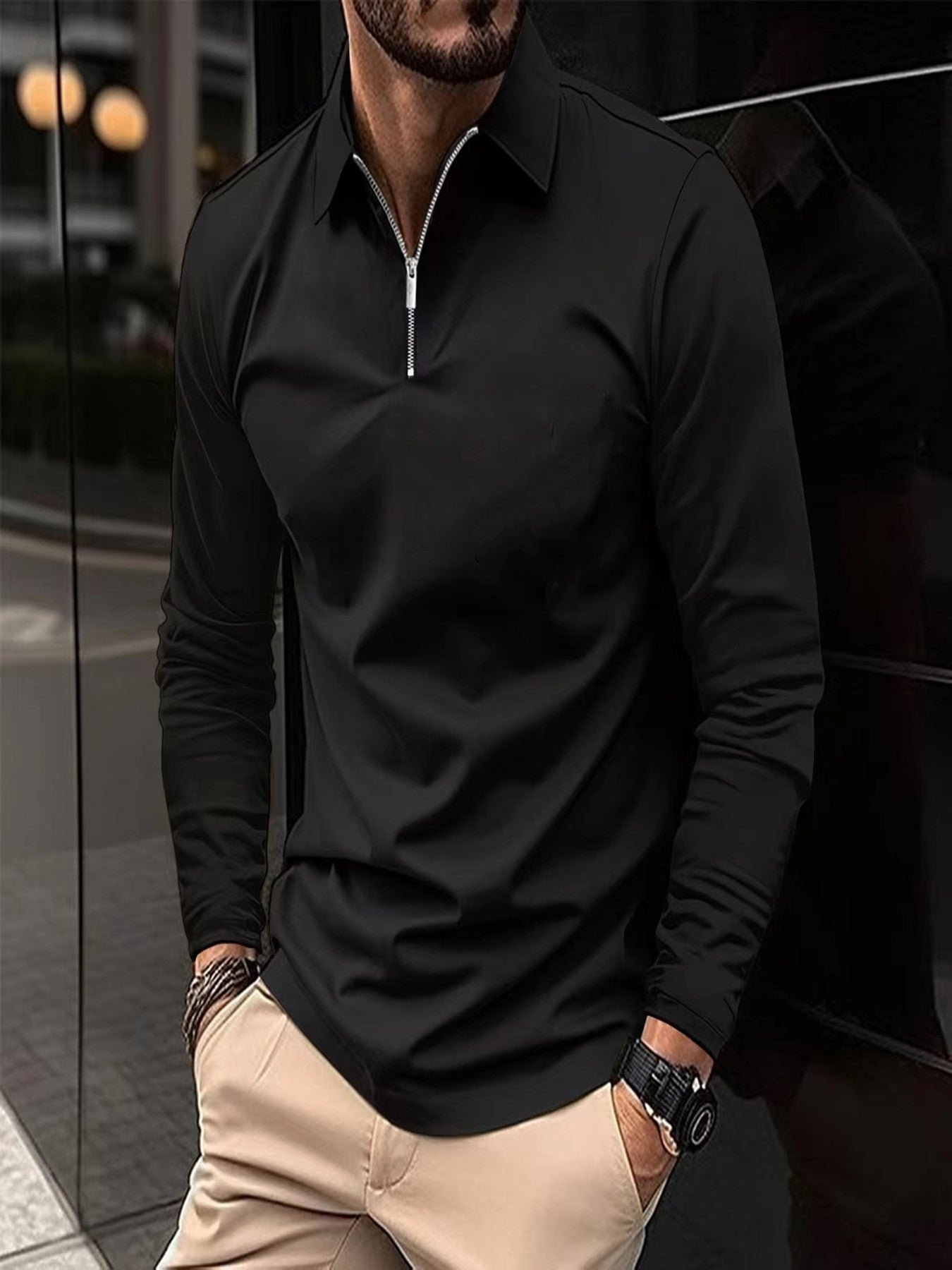 Men's Long Sleeve Zipper Polo Shirt – Solid Color, Lightweight Sportswear, Casual Golf Top
