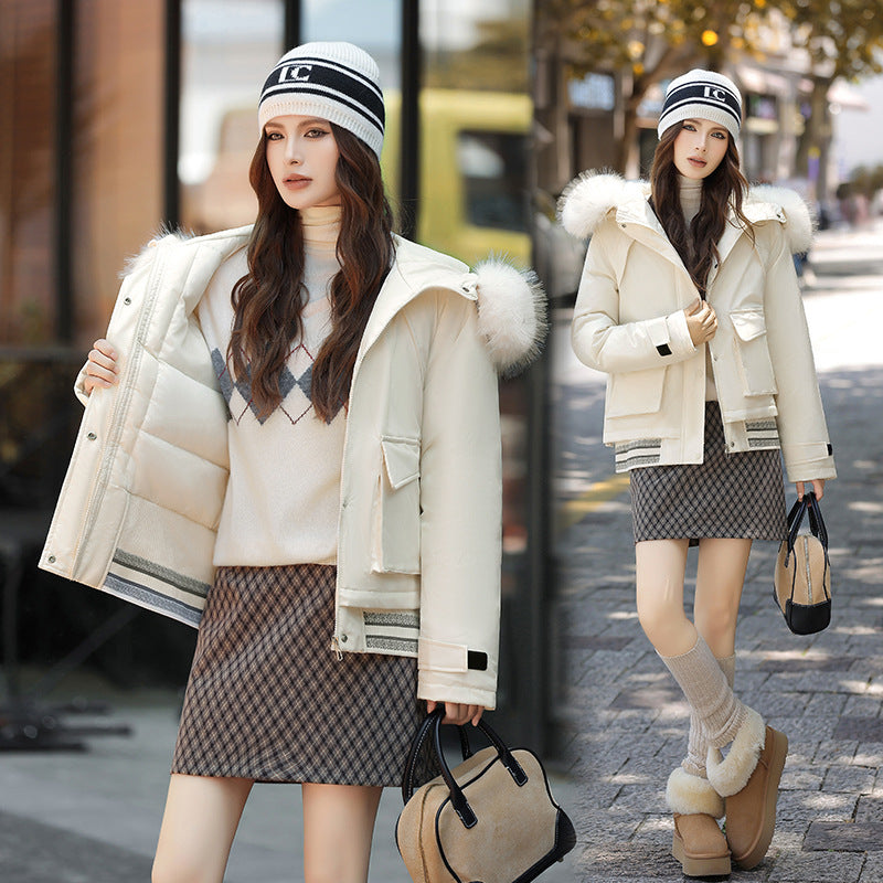 Women's Russian-Style Thick Cotton Coat – Big Fur Collar & Decorative Stitching