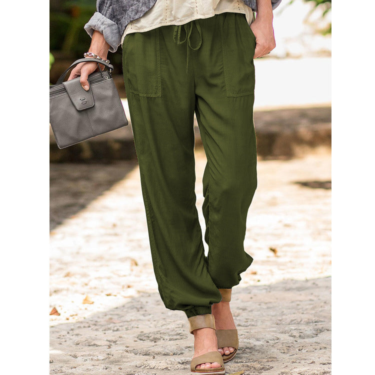 Lace-up Trousers – Cross-border Solid Color Stretch Waist Pocket Slacks