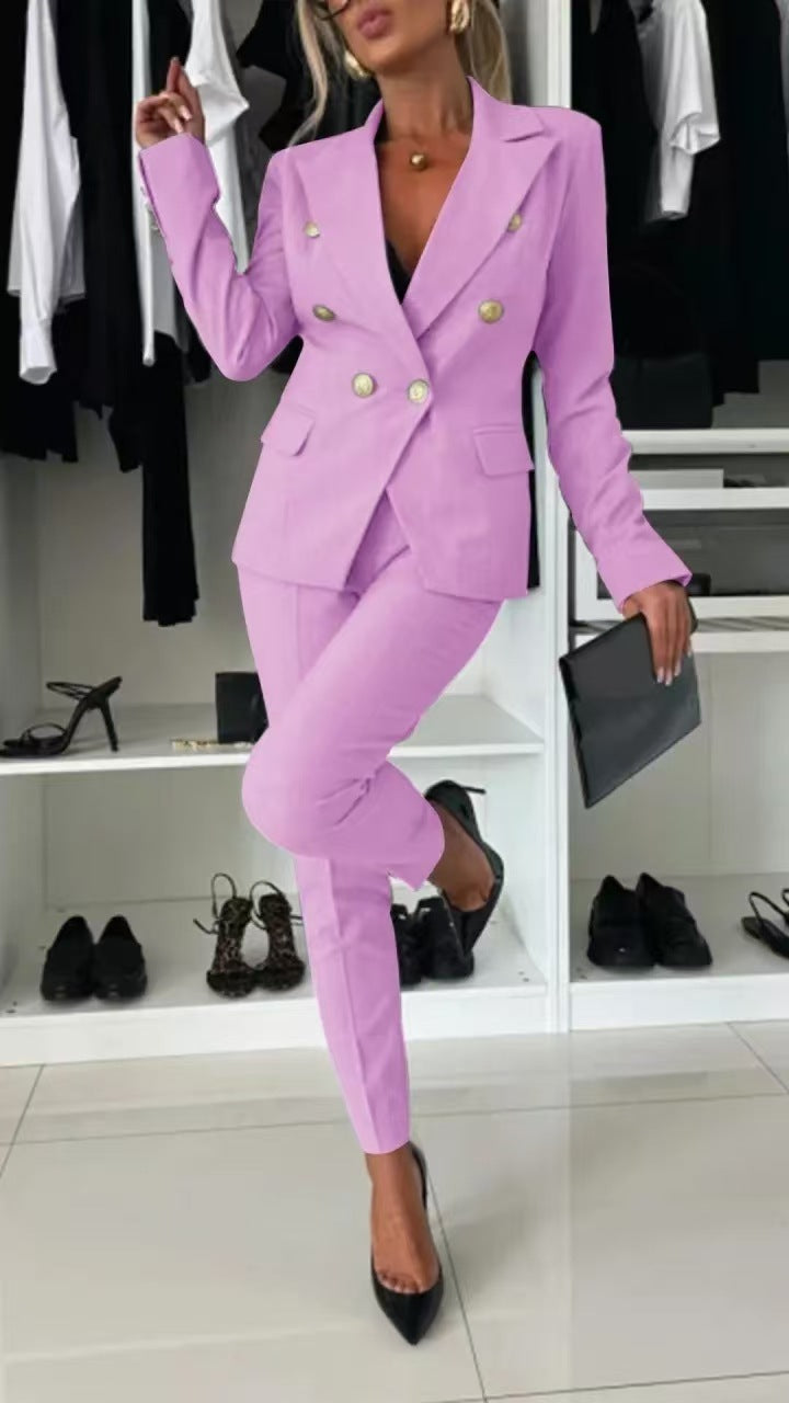 Women’s Casual Suit Set – Lapel Button-Down Jacket & Slim-Fit Trousers