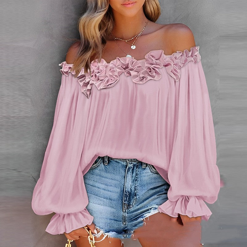 Women’s Casual Off-Shoulder Long Sleeve Blouse – Lotus Leaf Sleeve, Loose Fit Top
