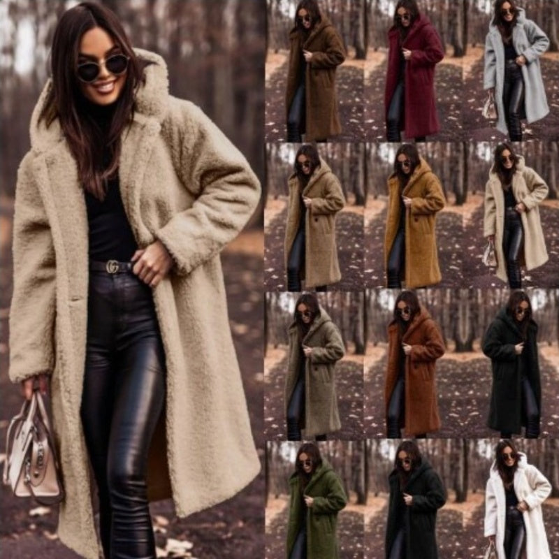Women’s Plush Teddy Coat – Elegant Long Faux Fleece Jacket for Autumn & Winter