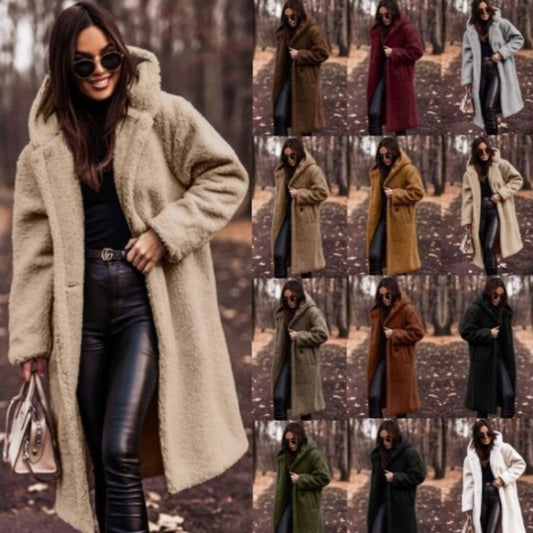 Women’s Plush Teddy Coat – Elegant Long Faux Fleece Jacket for Autumn & Winter