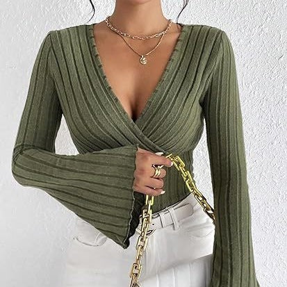 Women’s Autumn Winter Ribbed Stripe V-Neck Flared Slim-Fit Long Sleeve Top – Elegant Stylish Tee