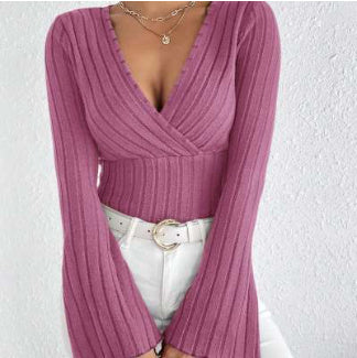 Women’s Autumn Winter Ribbed Stripe V-Neck Flared Slim-Fit Long Sleeve Top – Elegant Stylish Tee