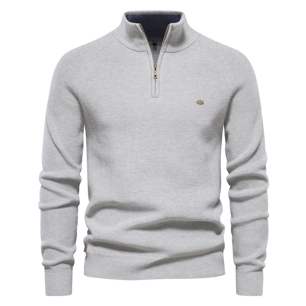 Men’s Zipper Stand Collar Knitted Sweater – Slim Fit, Solid Color, Long Sleeve Half-Turtleneck Top