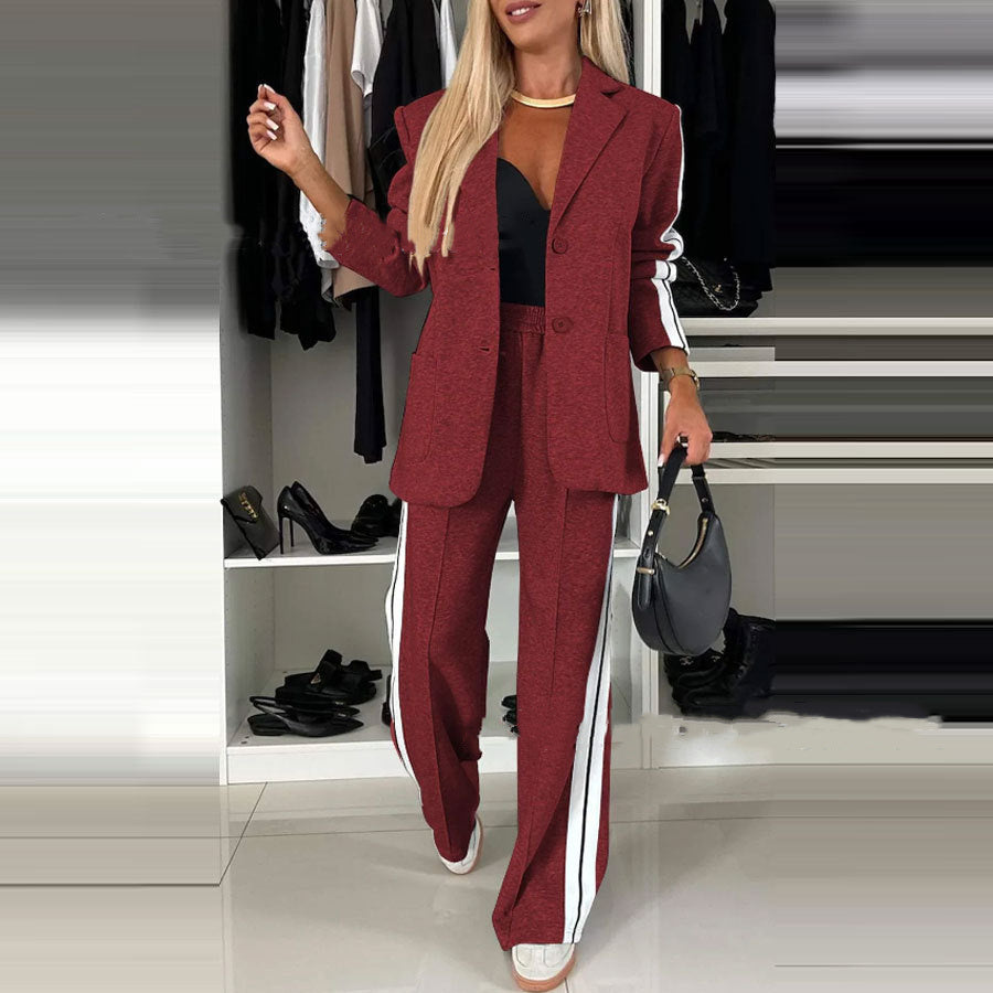 Women’s Casual Lapel Suit – Single-Breasted Jacket & Striped Straight Pants, Fashion Sports Trousers Set