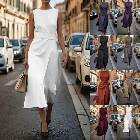 Women's Summer Sleeveless Slim Dress with Belt – Irregular Hem & Back Zipper